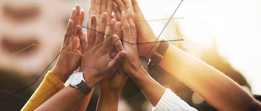 An image of hands high-fiving with a line graph overlayed