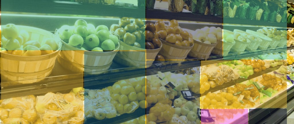 A treemap chart on an image of a grocery store to symbolise the use of AI for inventory management