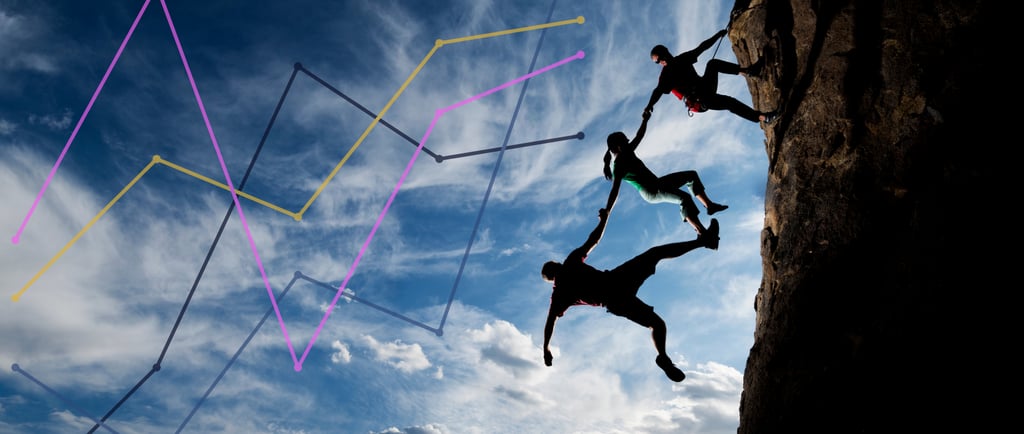 Image showing rock climbers and a line chart overlay as a metaphor for trust in AI personalisation
