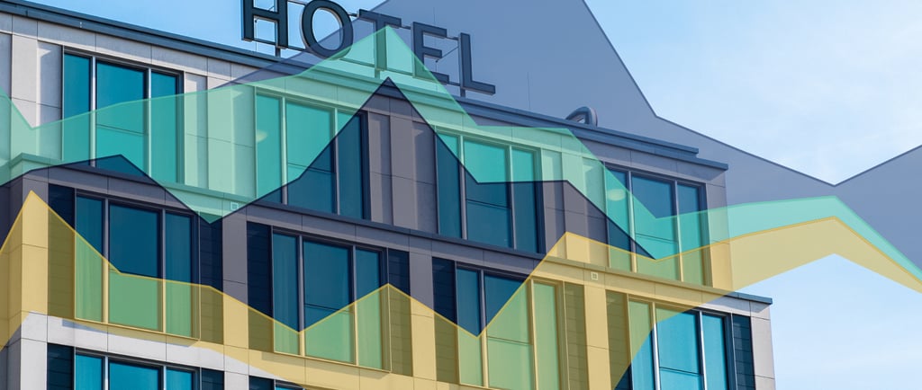 Image of a hotel with a graph overlayed to symbolise AI in travel
