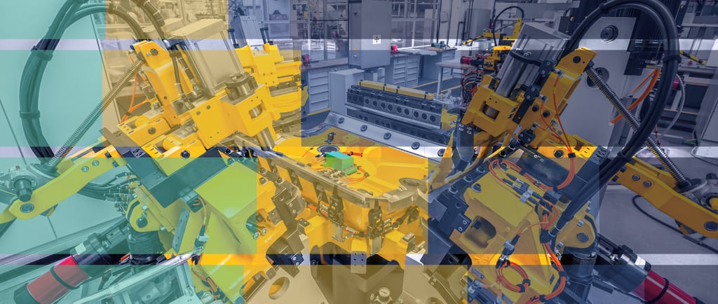 Image of a factory floor with a bar graph overlayed to symbolise AI technology