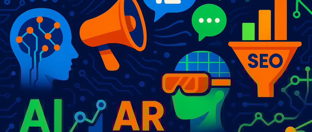 Vibrant navy illustration with AI neural head, AR goggles, megaphone, social bubbles, SEO funnel