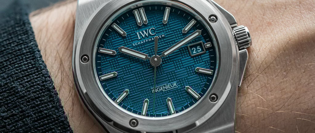 IWC Schaffhausen watch with a blue dial on the wrist
