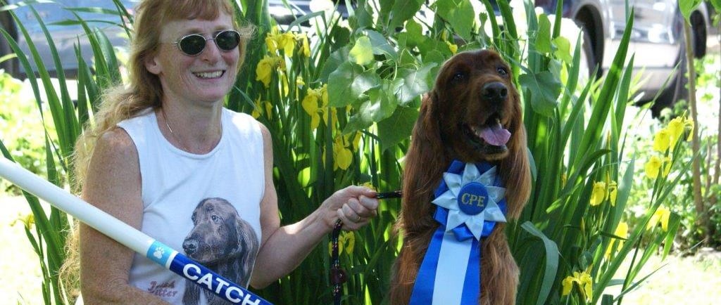 Annie and Alasdair the Irish Setter enjoying their CATCH award for Agility.