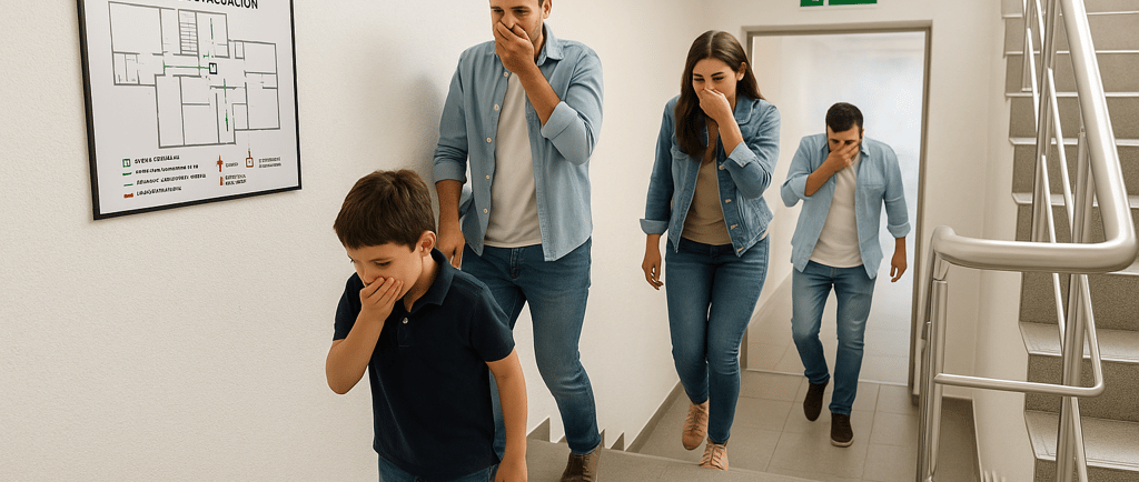 Simulacro de evacuación – familia descendiendo escaleras con señalizacion y plano de evacucion