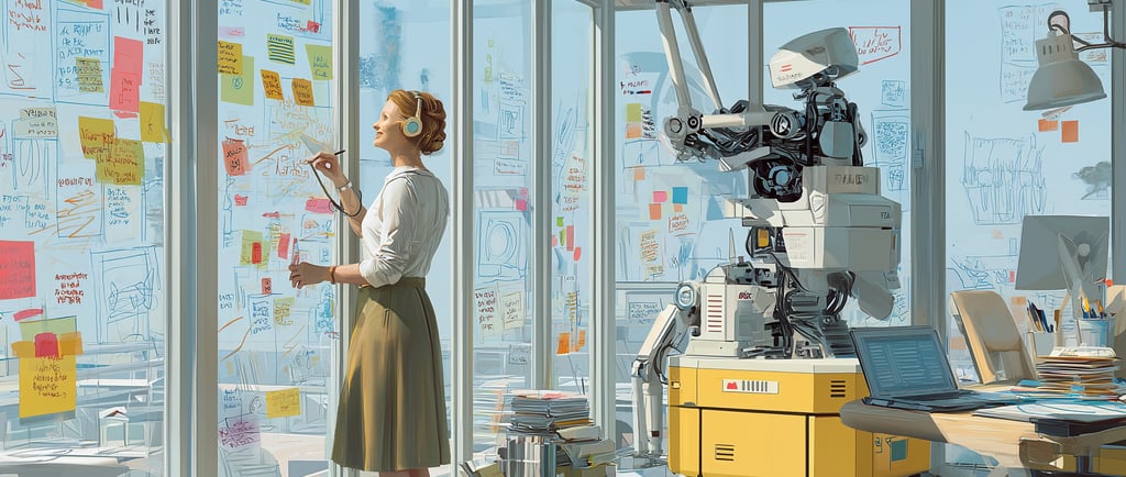 a woman standing in front of a robot.AI Agent - AI assistant - Funnel de vente- Epsilonn