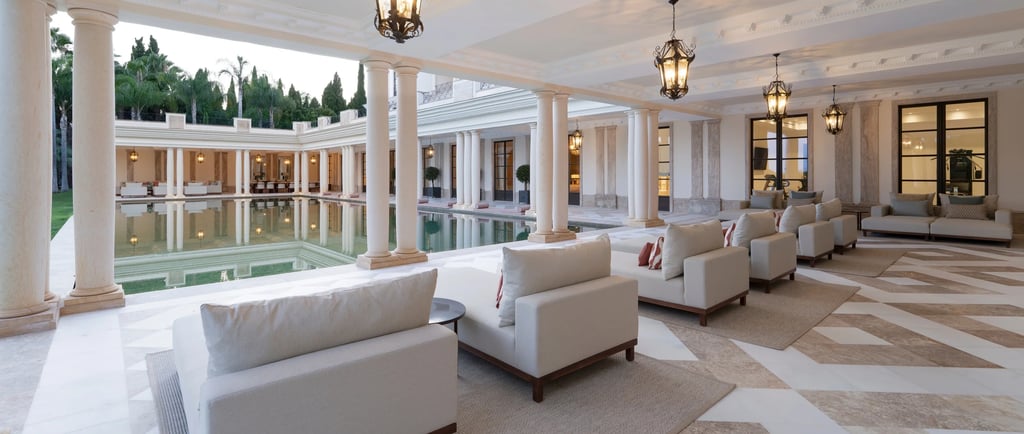 Covered terrace lounge with marble flooring