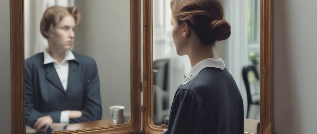 A man in a long coat stands in a dark hallway, facing a bright open doorway.