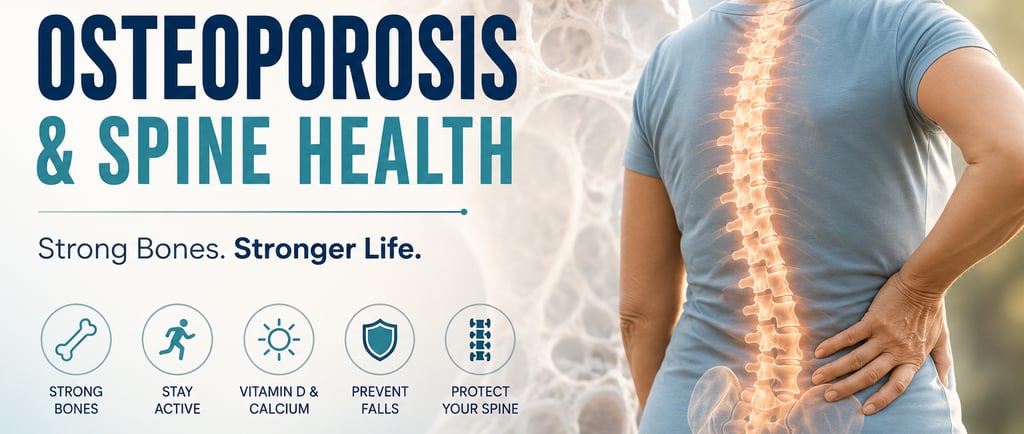 Illustration of an older adult with a highlighted spine, representing osteoporosis