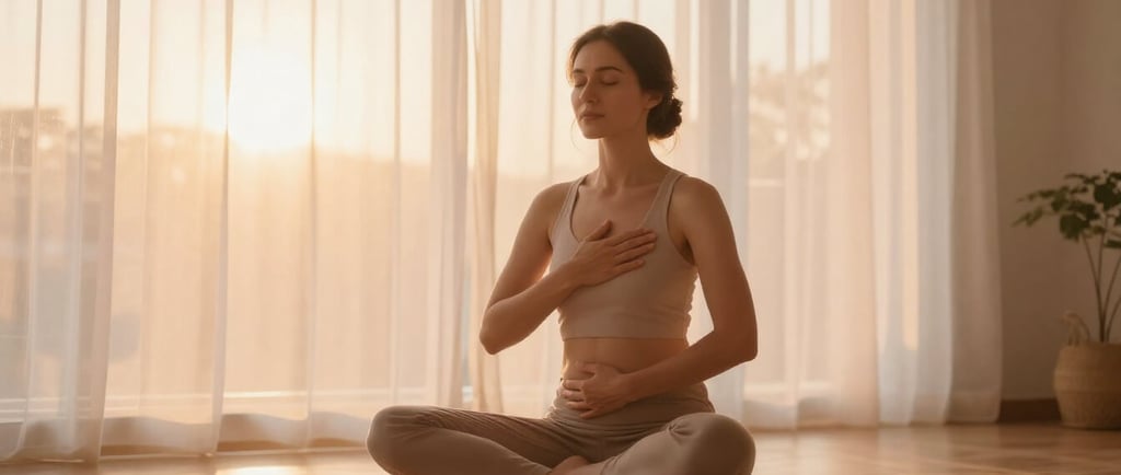 Woman practicing conscious breathwork meditation at sunrise for stress relief 