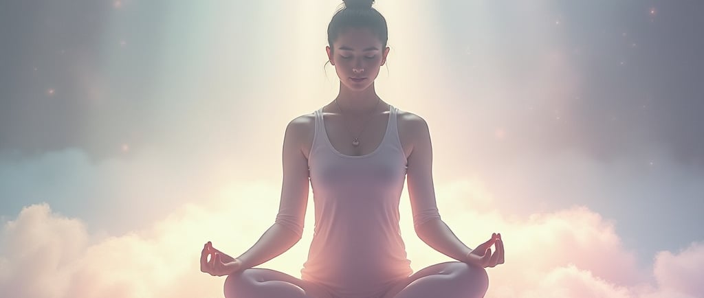 Woman practicing meditation for spiritual awakening at sunrise with peaceful cloudy sky