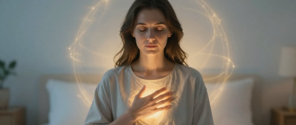 Woman practicing emotional energy protection meditation with hand on heart