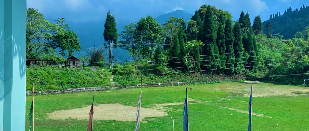Panoramic view of the mountains from a homestay balcony in Sherpagaon during summer.