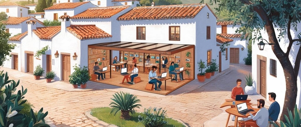 un espacio de coworking en un encantador pueblo español con casas tradicionales en las que trabajan teletrabajadores.
