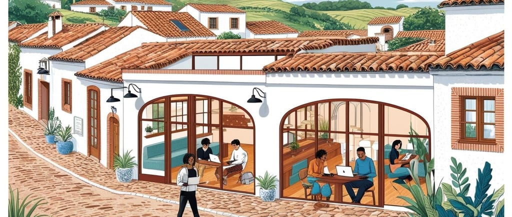 un espacio de coworking en un encantador pueblo español con casas tradicionales en las que trabajan teletrabajadores.