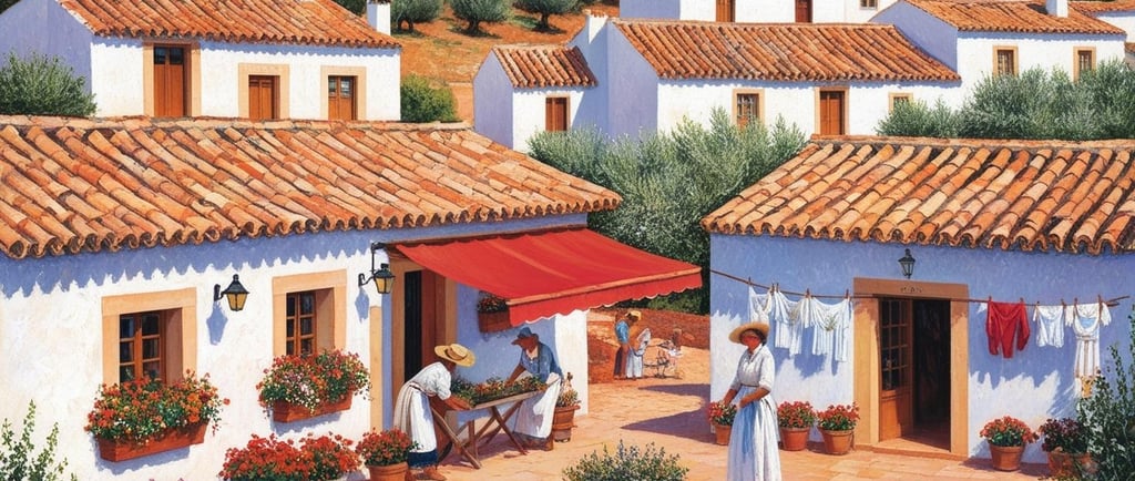 a village with houses and their inhabitants going about their daily lives.