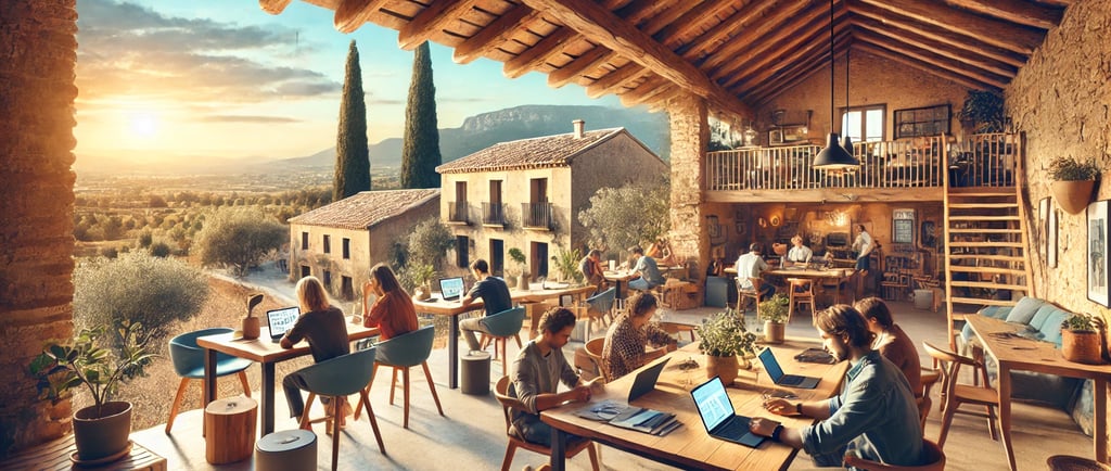 un hermoso espacio de coworking en un encantador pueblo español con casas tradicionales