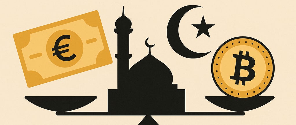 Illustration Islam et monnaie fiat : un billet euro et une pièce Bitcoin en équilibre sur une b