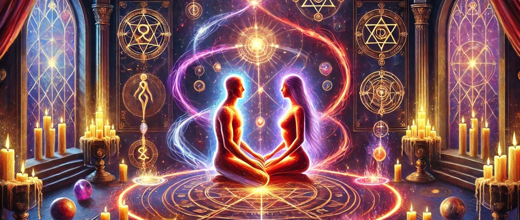 Um casal em um ritual místico com energia luminosa e símbolos esotéricos ao redor, destacando a uniã