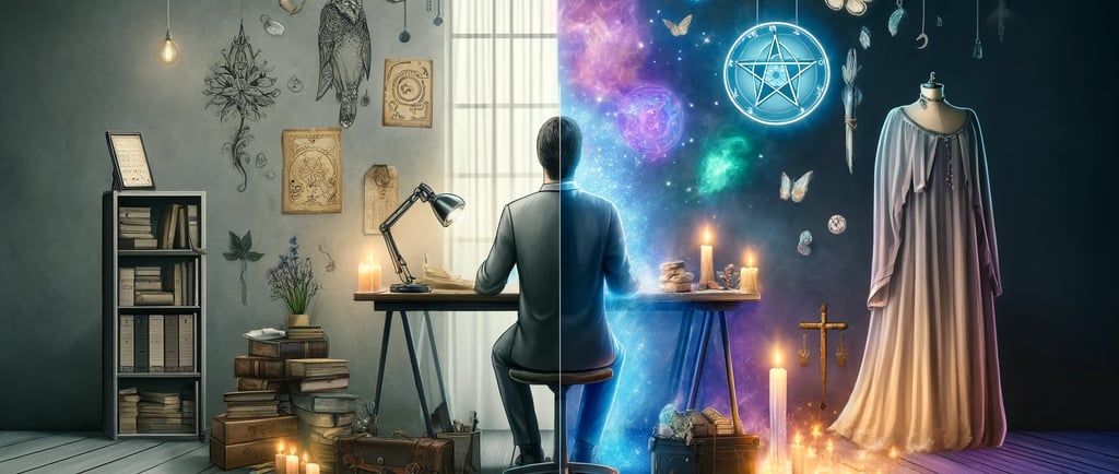 Figura de perfil dividida entre um ambiente mundano, com trajes comuns e mesa de escritório, e um am