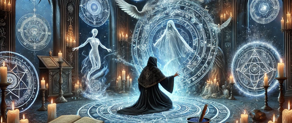 Um bruxo em trajes ritualísticos, realizando um ritual de evocação em um círculo mágico, rodeado por