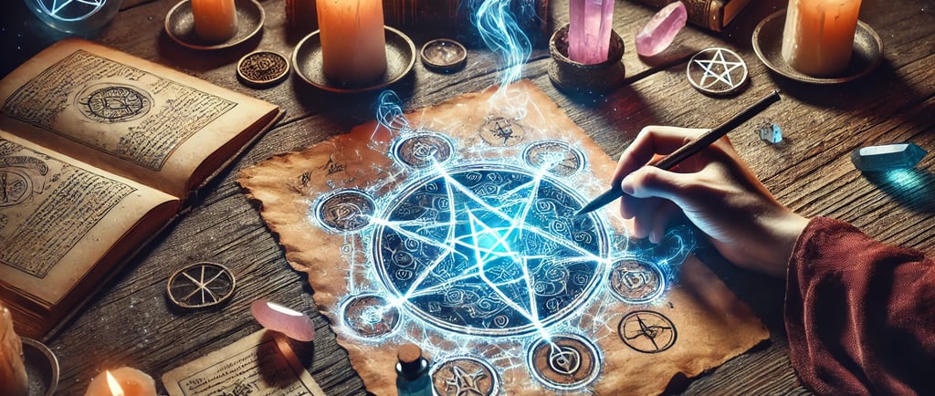 Uma mão desenha um sigilo mágico em um pergaminho antigo, cercada por um brilho azul, velas acesas, 