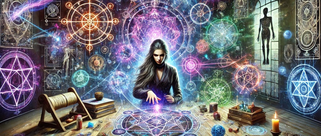 Uma maga do caos realizando um ritual avançado, cercada por sigilos flutuantes, partículas de energi