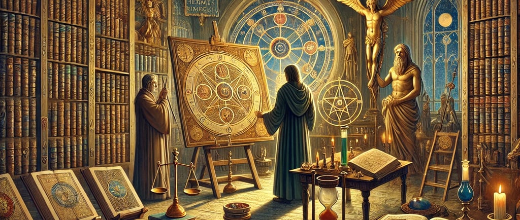 Três figuras representando práticas esotéricas distintas: magia medieval em uma biblioteca antiga, o