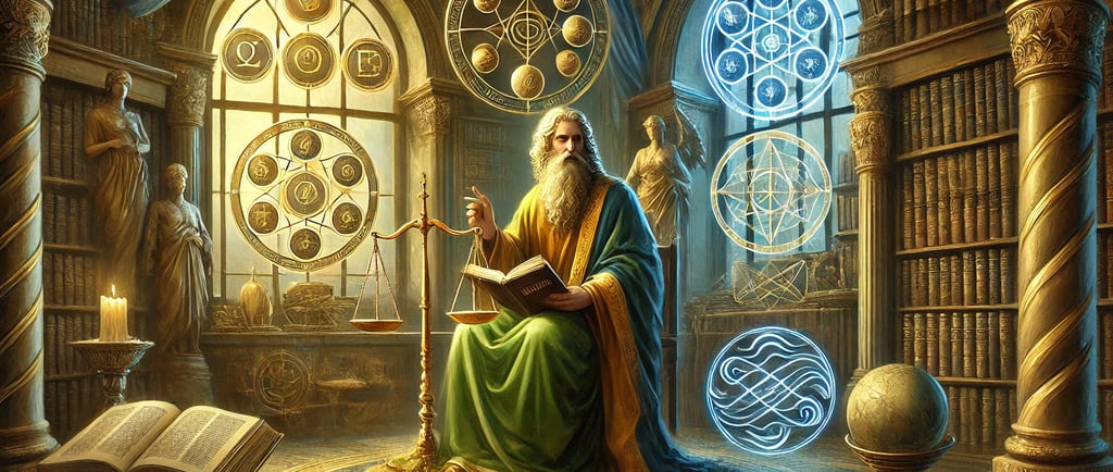 Um sábio segurando 'O Caibalion', cercado por símbolos representando os sete princípios herméticos e