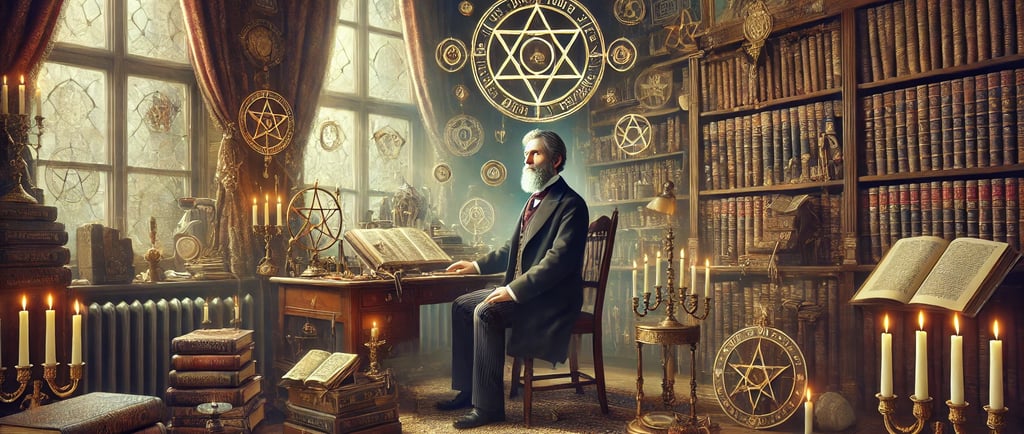 Eliphas Levi em seu estúdio esotérico do século XIX, cercado por artefatos mágicos, pentagramas, ins
