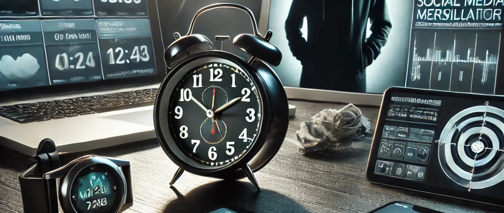 a laptop computer monitor and a clock on a desk
