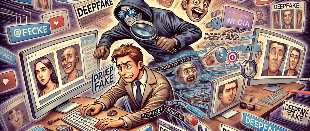 cartoon representation of investigator working on a deep fake case
