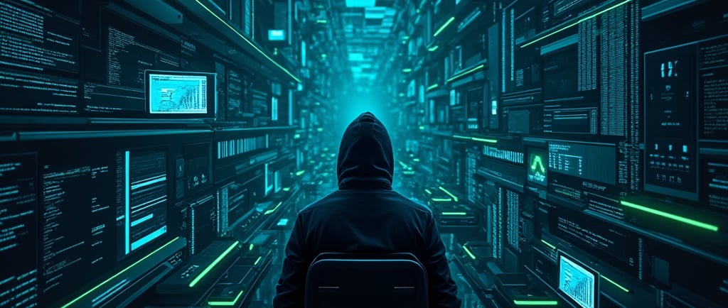 a person in a hoodie sitting in a room with a laptop