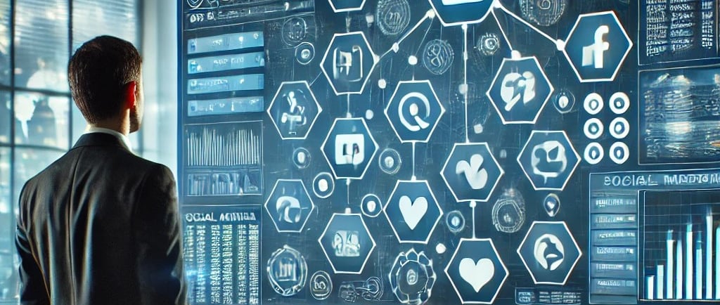 a man in a suit and tie standing in front of a large screen with a