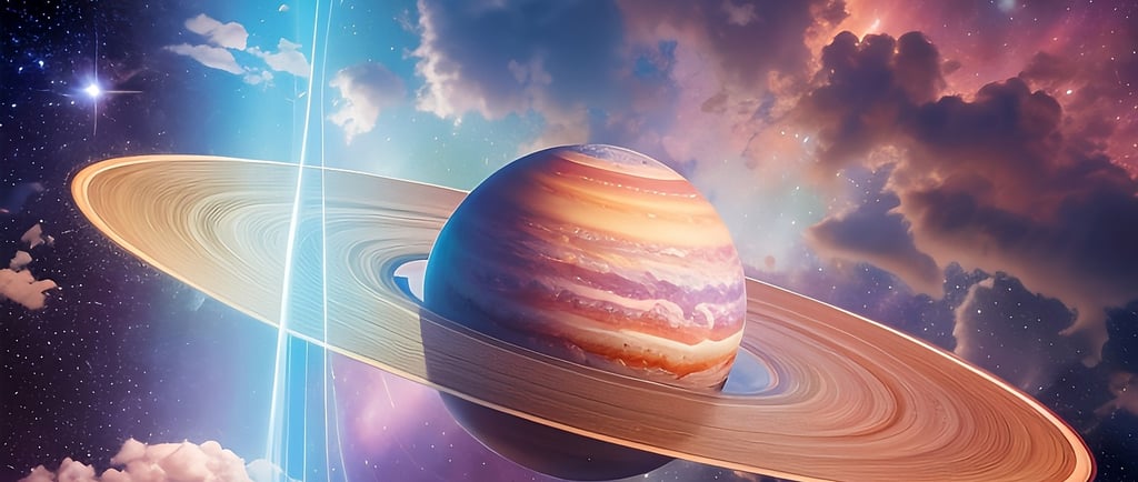 a planet with a ring around it and a planet with a star in the sky