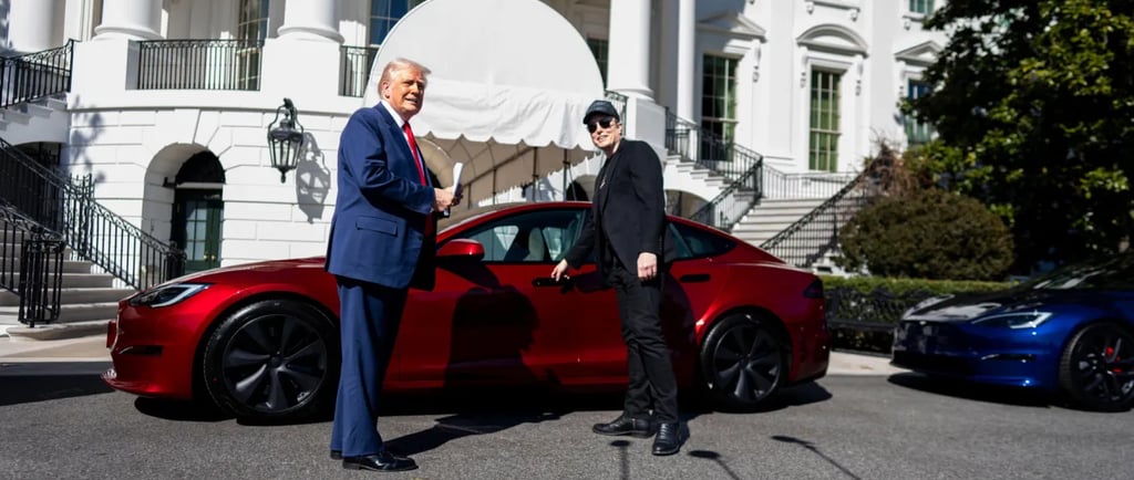 Donald trump dengan elon musk bersama mobil tesla