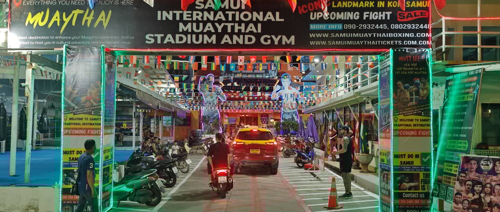 In front of our stadium name Samui international Muay Thai boxing stadium and Gym