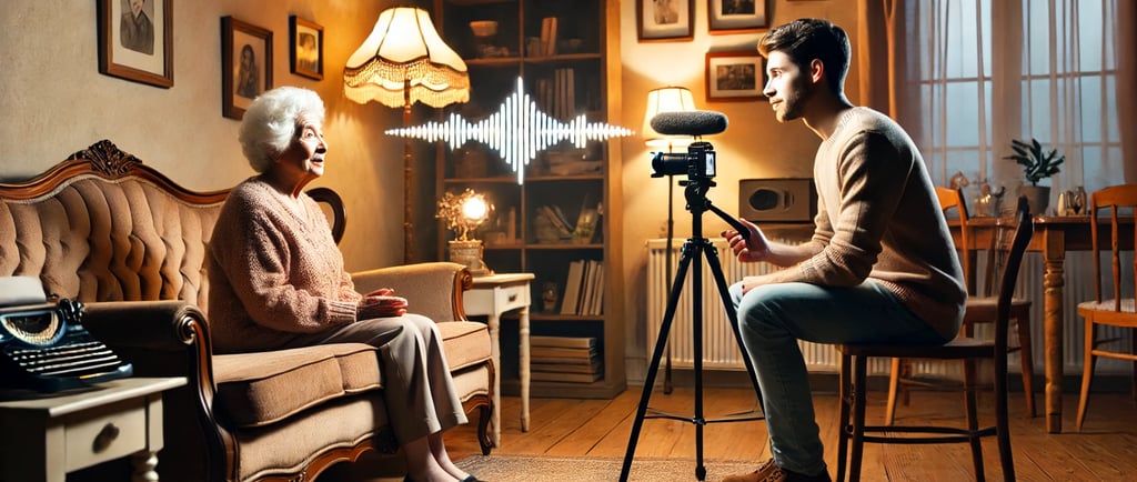 biographer using a video camera and AI Transcription to capture and stories from grandmother
