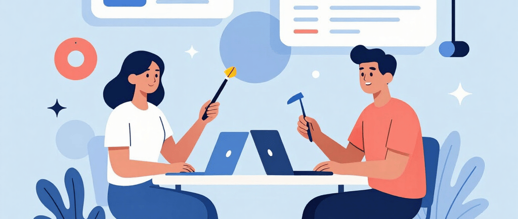 Two digital marketers collaborating on web design and content strategy using laptops and floating interface icons.