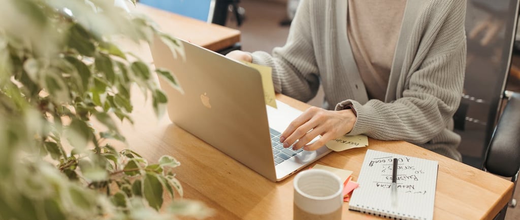 business woman marketing email coffee laptop work remote blond 