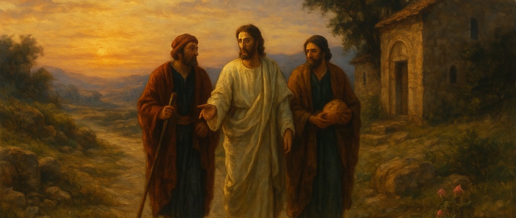 Jesus and two disciples walking along the Emmaus Road