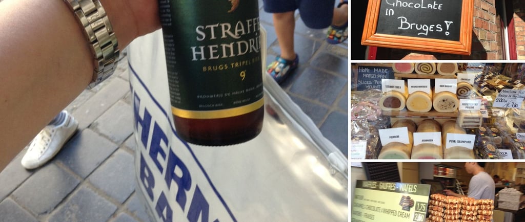 foto da autora segurando chocolates e cerveja em Bruges com visitas as lojas