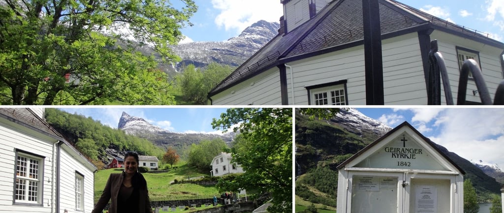 foto da autora visitando a igreja de Geiranger