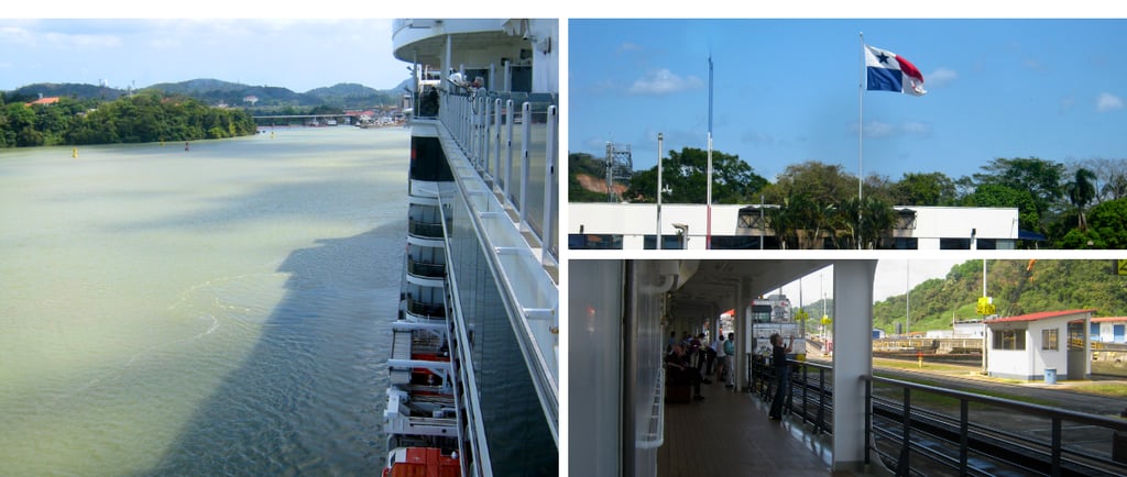 Navio navegando no Canal do Panamá, aproximando-se das eclusas, com a bandeira nacional visível