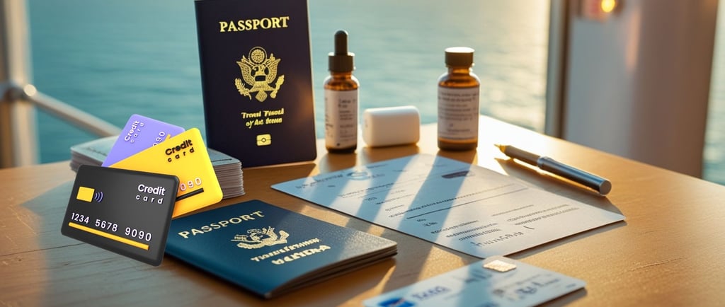 Documentos, cartões e medicamentos organizados para uma viagem de cruzeiro.