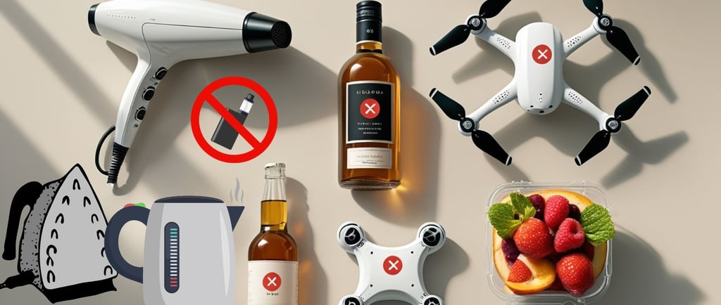 Objetos proibidos em cruzeiros, como ferro de passar, secador potente e bebidas alcoólicas.