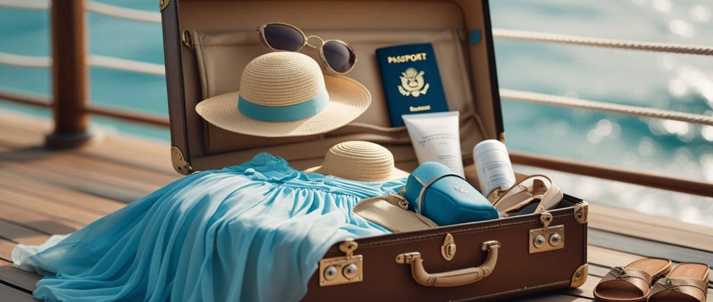 Mala organizada com itens essenciais para uma viagem de cruzeiro.