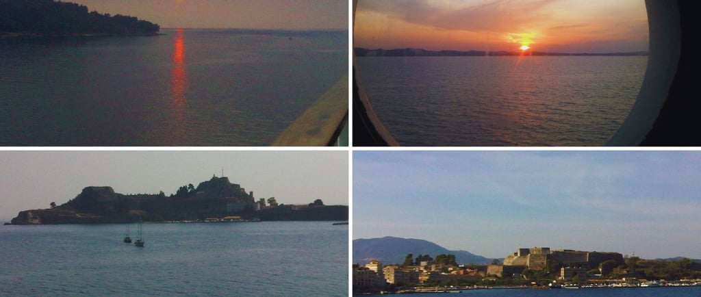 Corfu despertando sob a luz suave da manhã, com quatro paisagens registradas do navio.
