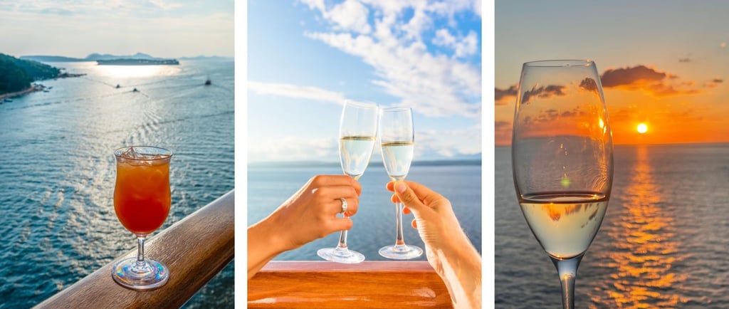 Três drinks variados em copos elegantes sobre balcão do navio com vista para o mar ao fundo