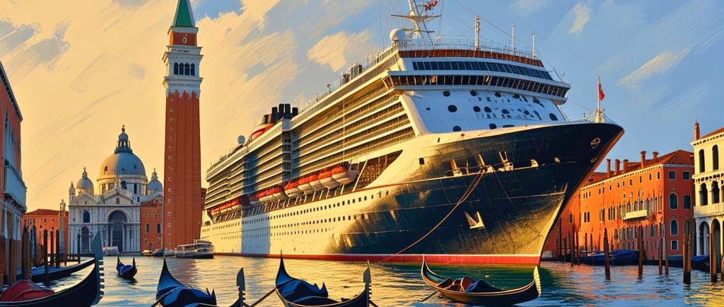 Navio de cruzeiro atracado no terminal de Veneza, com os canais e prédios históricos ao redor.